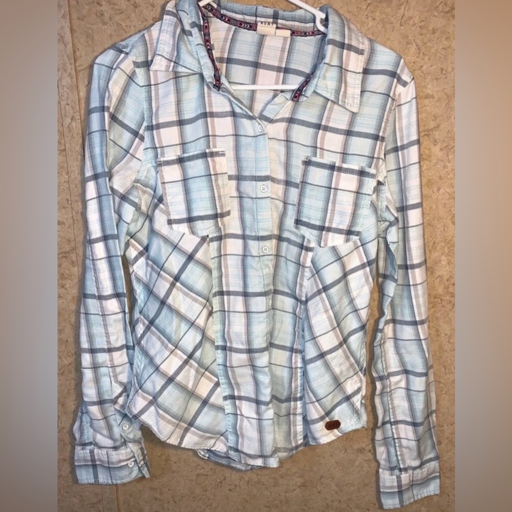 Roxy Girls Size Medium Flannel Button-Up Collared Shirt Pockets